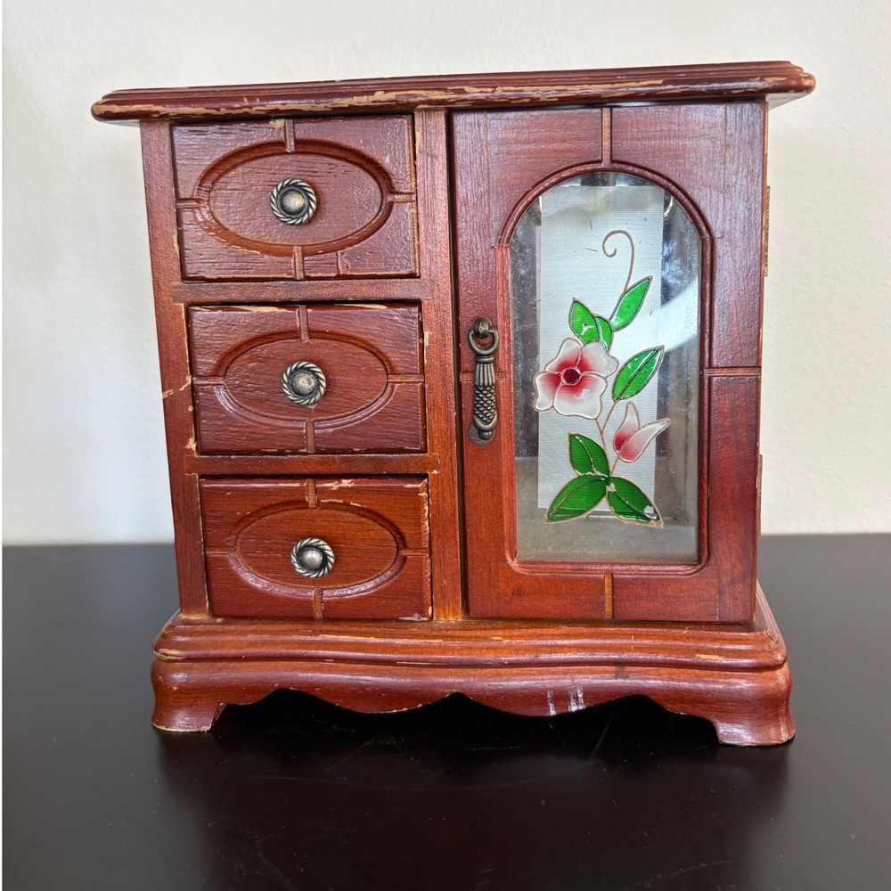 Vintage King Wood Co Wooden Jewelry Box 3 Drawers Mirrored Door Numbered‎